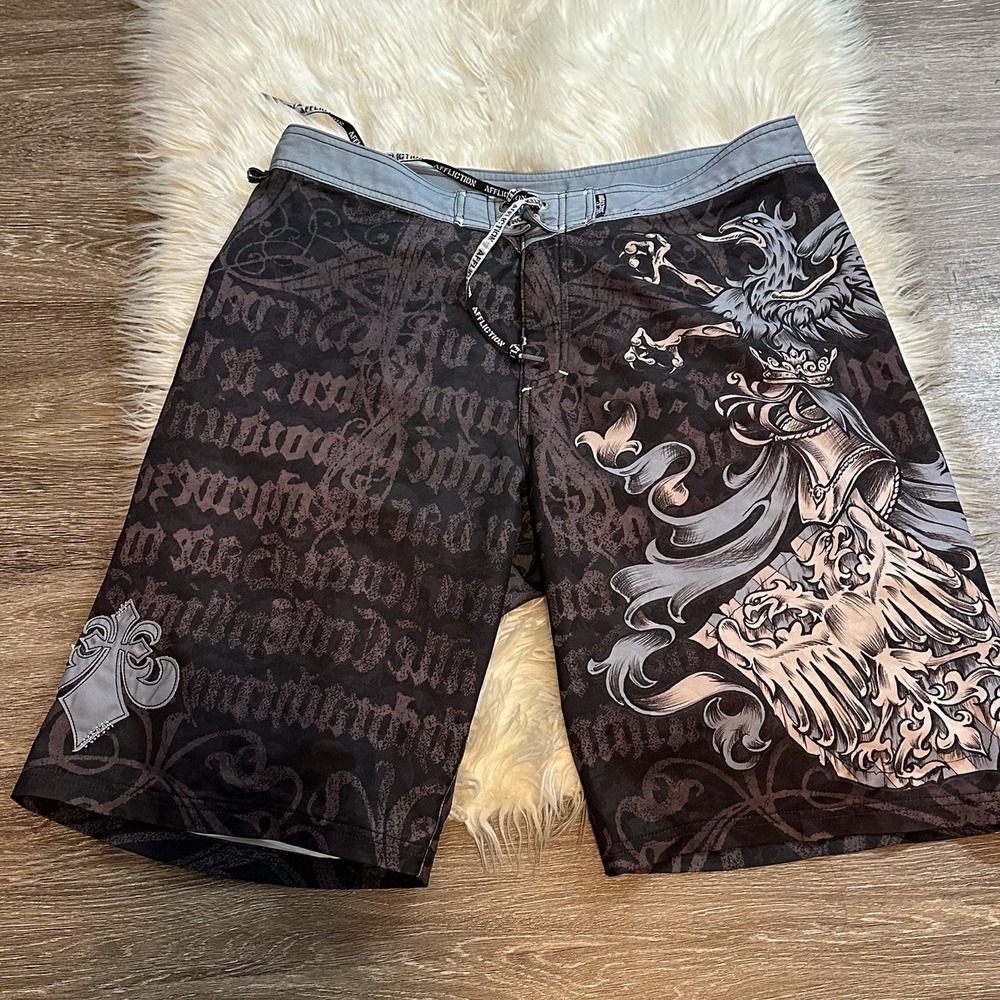 Affliction Board Shorts Mens 36 Brown Gothic Eagle Shield Y2K MMA Swim Trunks